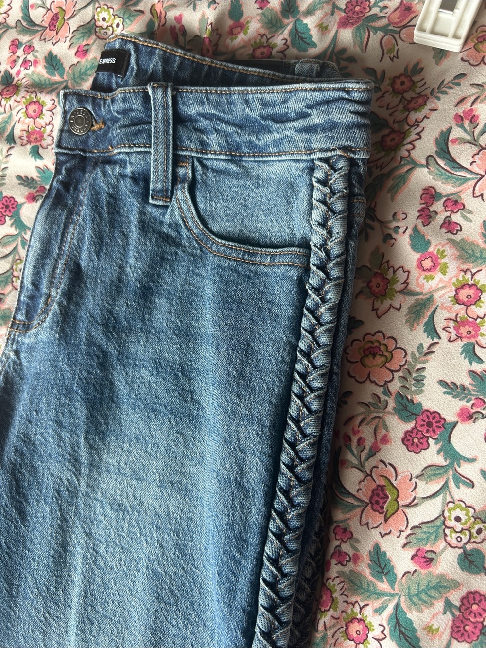 Express Blue Cropped Straight Jeans with Braided Side Trim - Picture 4 of 7